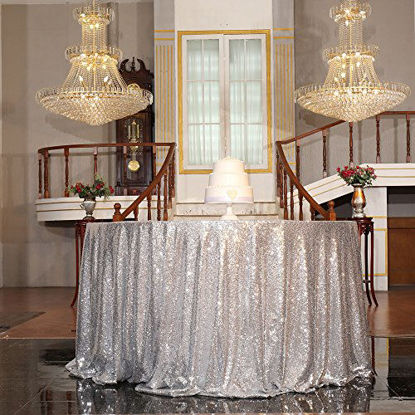 Picture of PartyDelight Silver Sequin Tablecloth Round 108" Table Linen for Wedding, Banquet, Party