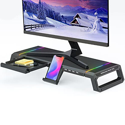 Picture of Monitor Stand for Desk RGB Gaming Lights with 4 USB 2.0, MOOJAY Foldable Computer Screen Riser with Storage Drawer and Phone Holder, Desk Organizer Laptop Stands Shelf, for PC/Laptop/iMac - Black