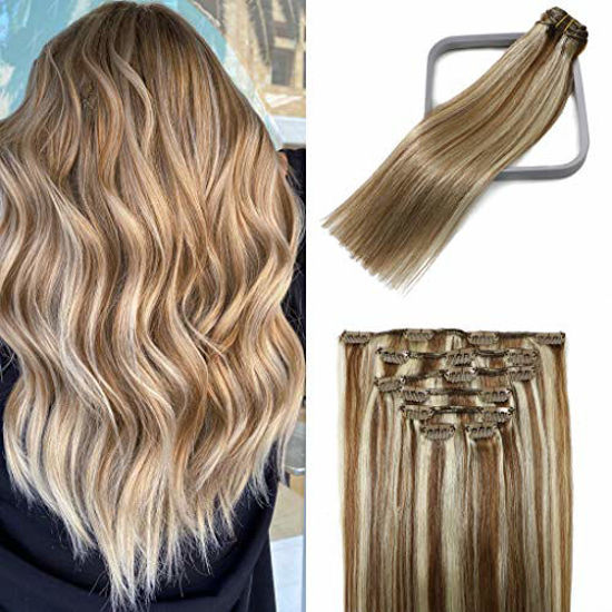 Picture of Clip In Hair Extensions Human Hair Light Brown to Blonde Balayage Hair Extensions Remy Hair 18Inch 70g Stainless Clips Thick Full Head #6p613 7PCS