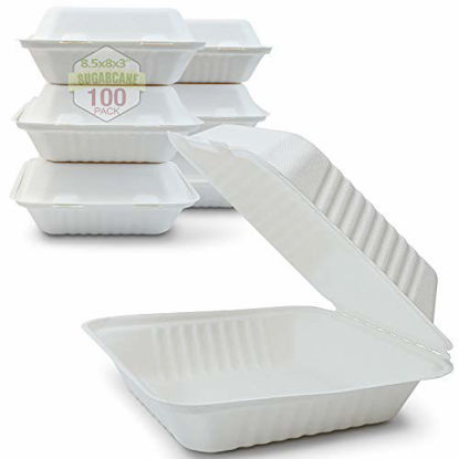 Picture of Green Earth 8-Inch, 100-Count, 1-Compartment, Compostable Clamshell, Natural Bagasse (Sugarcane Fiber), Take-Out/to-Go Food Boxes - Biodegradable Containers, Hinged Lid - Microwave-Safe - Gluten-Free