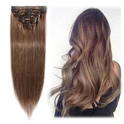 Picture of Benehair Human Hair Clip in Remy Hair Extensions Light Auburn 16 inch for Women Long Straight Hair Invisible Skin Weft Clip On 65g 8pcs Full Head Standard Weft for Highlighted #30