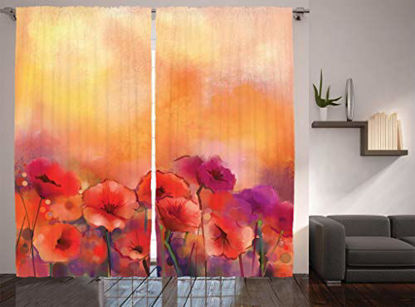 Picture of Ambesonne Watercolor Flower Curtains, Autumn Season Poppy Flowers at Sunset in Warm Colors Print, Living Room Bedroom Window Drapes 2 Panel Set, 108" X 84", Scarlet Orange