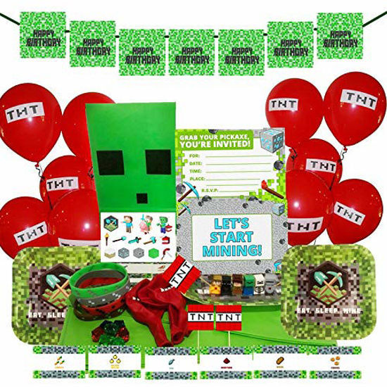 Picture of Merchant Medley Minecraft-Inspired Birthday Party Bundle for 10 Guests! - Includes Plates, Napkins, Invitations, Balloons, Tablecloth, Banner and Tons of Party Favors!