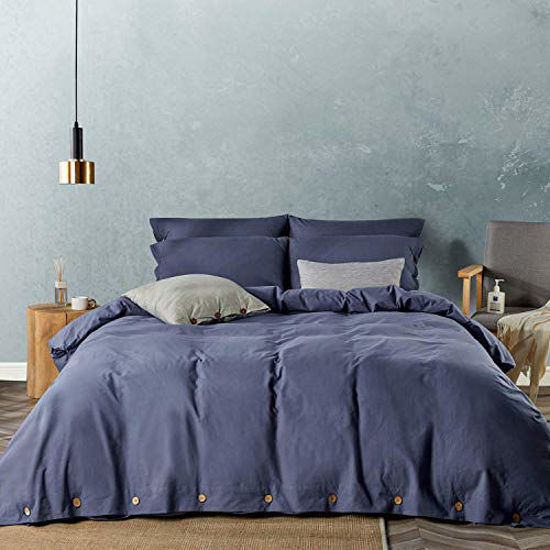 Picture of JELLYMONI Denim Blue 100% Washed Cotton Duvet Cover Set, 2 Pieces Luxury Soft Bedding Set with Buttons Closure. Solid Color Pattern Duvet Cover Twin Size(No Comforter)