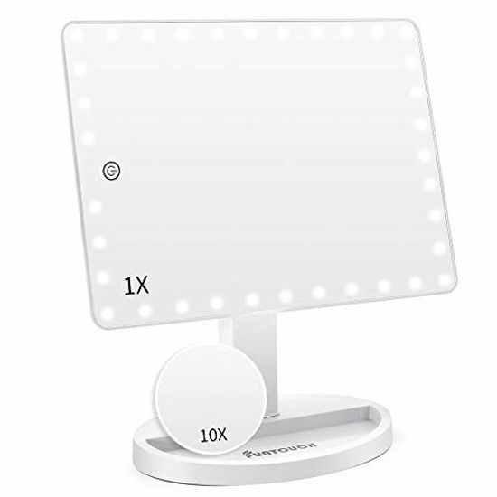 Picture of Large Lighted Vanity Makeup Mirror (X-Large Model), Funtouch Light Up Mirror with 35 LED Lights, Touch Screen and 10X Magnification Mirror, 360° Rotation Tabletop Cosmetic Mirror (White)