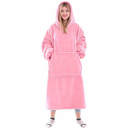 Picture of Waitu Wearable Blanket Sweatshirt for Women and Men, Super Warm and Cozy Big Blanket Hoodie, Thick Flannel Blanket with Sleeves and Giant Pocket - Sweet Pink