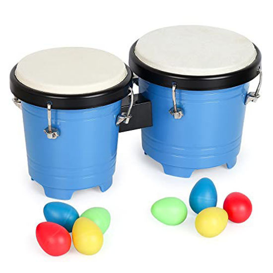 Picture of MUSCELL Bongos for Kids,5" and 6" Plastic Small Bongo Drums,Natural Sheepskin Head,w/ 8pcs Egg Shakers - Blue