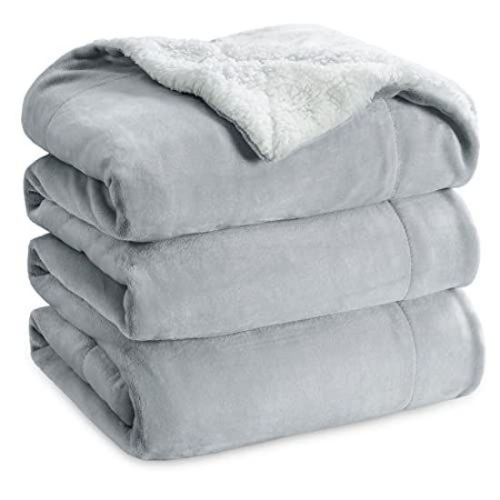 Picture of Bedsure Sherpa Fleece Bed Blankets Queen Size - Light Grey Thick Fuzzy Warm Soft Large Queen Blanket for Bed, 90x90 Inches