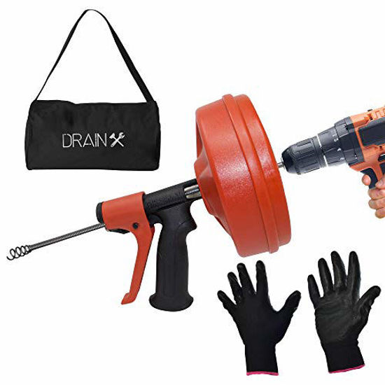 Picture of DrainX SPINFEED 25 Foot Drum Auger | Use Manually or Drill Powered - Auto Extend and Retract Snake | Work Gloves and Storage Bag Included