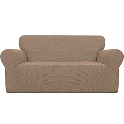 Picture of Easy-Going Stretch Oversized Loveseat Slipcover 1-Piece Sofa Cover Furniture Protector Couch Soft with Elastic Bottom for Kids Polyester Spandex Jacquard Fabric Small Checks Camel