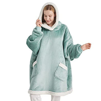 Picture of Bedsure Wearable Blanket Hoodie for Women Men Teens - Hooded Blanket Sweatshirt with Deep Pocket and Elastic Sleeve, Warm Fleece Sherpa Sweater Blanket Jacket, Light Green