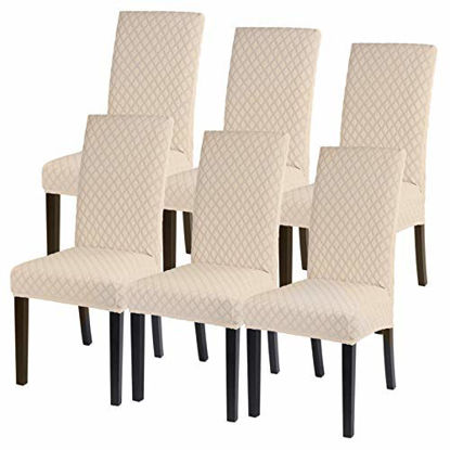 Picture of SearchI Dining Room Chair Covers Set of 6, Stretch Jacquard Parsons Chair Slipcovers Super Fit Removable Washable Kitchen Chair Protector Cover for Dining Room, Hotel, Ceremony (Pure Beige