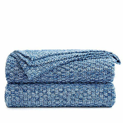 Picture of Longhui bedding Blue Knitted Throw Blanket for Couch, Soft, Cozy Machine Washable 100% Cotton Sofa Knit Blankets, 60 x 80 Inches Oversized, Blue and White Color, Laundry Bag Included