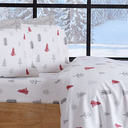 Picture of Extra Soft Holiday Printed 100% Turkish Cotton Flannel Sheet Set. Warm, Cozy, Luxury Winter Bed Sheets. Boulder Collection (Twin, Winter Trees - Red)