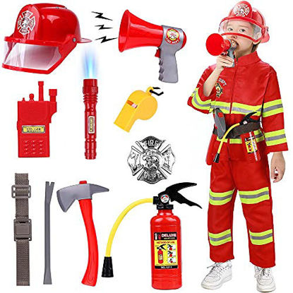 Picture of Golray Kids Fireman Costume Dress-Up Set Role Toys with Firefighter Accessories Costume Coat and Pants Boys Girls Halloween Gift