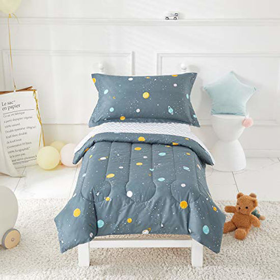 Picture of Uozzi Bedding 4 Piece Space Style Toddler Bedding Set with Planets - Includes Adorable Quilted Comforter, Fitted Sheet, Top Sheet, and Pillow Case for Boys Bed