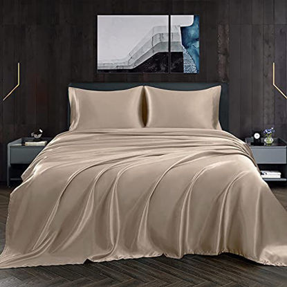 Picture of Homiest 4pcs Satin Sheets Set Luxury Silky Satin Bedding Set with Deep Pocket, 1 Fitted Sheet + 1 Flat Sheet + 2 Pillowcases (Cal King Size, Taupe)