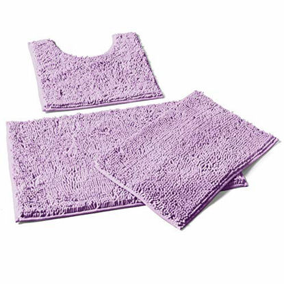 Picture of LuxUrux Bathroom Rugs 3pc Non-Slip Shaggy Chenille Bathroom Mat Set, Includes U-Shaped Contour Toilet Mat, 20 x 30'' and 16 x 24'' Bath Mat, Machine Washable (3 Pc Set - Style A, Lavender)