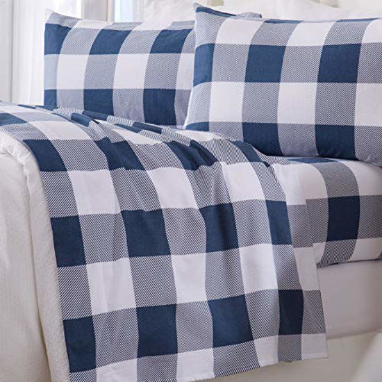 Picture of Great Bay Home - 100% Turkish Cotton Twin Flannel Sheet Set. Heavyweight, Warm, Winter Double Brushed Bed Sheets. Pre-Shrunk & Anti-Pill - Buffalo Check - Navy