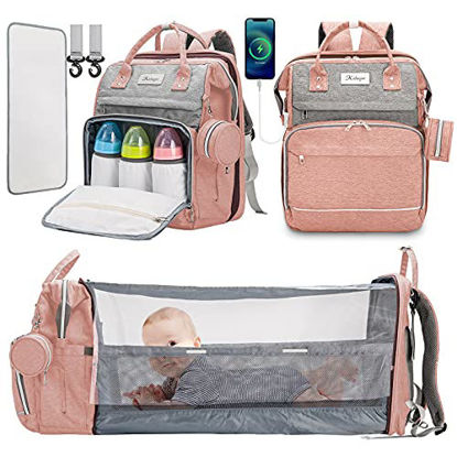 Picture of Diaper Bag Backpack with Changing Station, KABAQOO Large Baby Diaper Bags for Boys Girls, Waterproof Travel Back Pack with Bassinet, Portable Changing Pad, Pacifier Case & Stroller Straps, Pink Grey