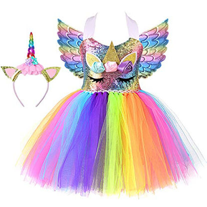 Picture of Soyoekbt Girls Unicorn Costume LED Light Up Unicorn Princess Dress Birthday Party Outfit Halloween Tutu Dress with Headband Rainbow Sequin+Rainbow Led 5-6Years