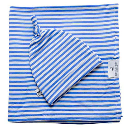 Picture of Bungalow Baby Swaddle Set-Premium Bamboo Viscose Baby Swaddle Blanket & Hat Set, Baby Boy, Baby Girl, Unisex, Newborn Swaddle, Baby Wrap, Bamboo Blanket (Candy Stripe/Riviera Blue)