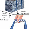 Picture of Extra Large Utility Tote Bag - Oversized Collapsible Reusable Wire Frame Rectangular Canvas Basket With Two Exterior Pockets For Beach, Pool, Laundry, Car Trunk, Storage - Geo Navy Blue