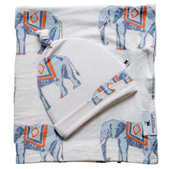 Picture of Bungalow Baby Swaddle Set - Premium Bamboo Viscose Baby Swaddle Blanket & Hat Set, Baby Boy, Baby Girl, Unisex, Newborn Swaddle, Baby Wrap, Bamboo Blanket (Chinoiserie Elephant/Blue)