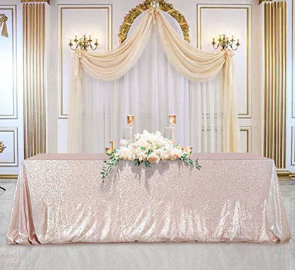 Picture of B-COOL Champagne Blush Sequin Tablecloth Rectangular 90X132inch Table Cloth for Parties Halloween Mother's Thanksgiving Day