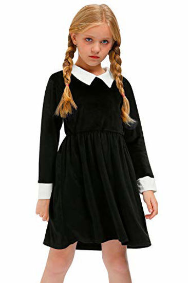 Picture of Besserbay Halloween Costume Velvet Pleated A-Line Flare Wednesday Addams Black Midi Dress for Girls 9-10 Years