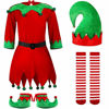 Picture of Girls Women Christmas Elf Costume Set Santa's Helper Costume Xmas Festive Outfit with Elf Hat Shoes Belt Striped Stockings(Medium)