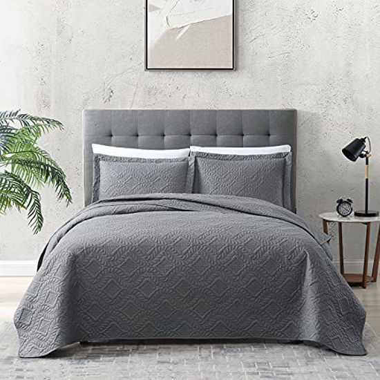 Picture of EXQ Home Quilt Set King Size Grey 3 Piece,Lightweight Microfiber Coverlet Modern Style Wheat Pattern Bedspread Set(1 Quilt,2 Pillow Shams)