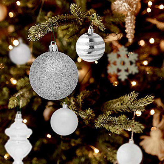 Picture of RN'D Christmas Snowflake Ball Ornaments - Christmas Hanging Snowflake and Ball Ornament Assortment Set with Hooks - 76 Ornaments and Hooks (White & Silver)