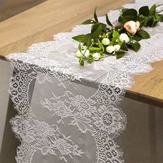 Picture of Vintage Wedding Table Decorations 10 Pack 14 x 120 Inch White Lace Table Runner Rustic Farmhouse Decor