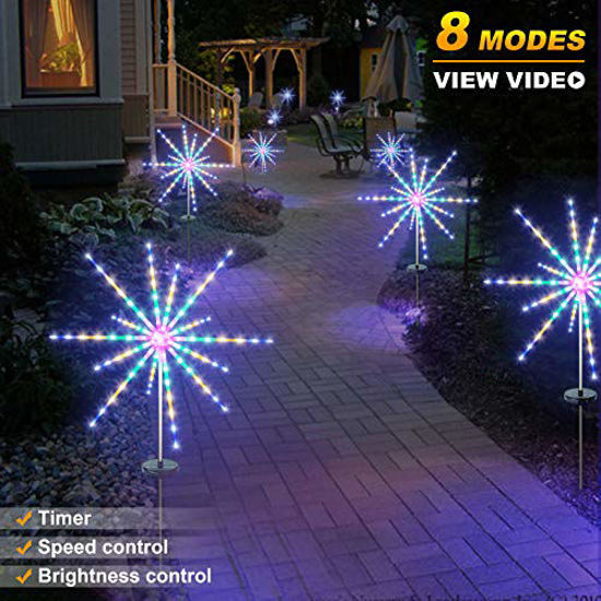 Picture of DenicMic Solar Firework Meteor Lights 2 Pack, Outdoor Solar Garden Decorative Starry Starburst Lights with Remote, 8 Modes Landscape Path Lights for Patio Yard Christmas Decor (Multicolor)