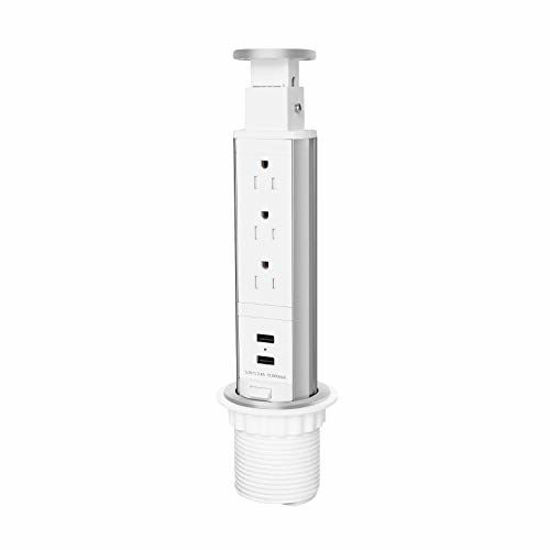 Picture of Pop Up Outlet for Countertop, Receptacle Power Strip with 3 AC Outlet 2 USB Ports, Pull Pop Up Power Socket Outlet, Recessed Outlet for Kitchen Counter Conference Desk Office, White