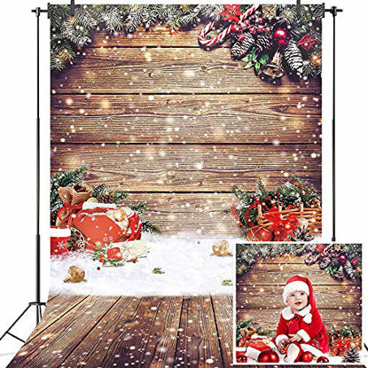 Picture of GiuMsi 8X10FT Snowflake Christmas Photography Backdrop Wood Wall Rustic Wooden Floor Background Winter Holiday Glitter Christmas Party Decoration for Kids Portrait Photo Studio Booth