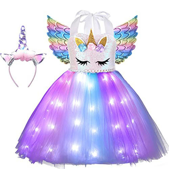 Picture of Soyoekbt Girls Unicorn Costume LED Light Up Unicorn Dress Birthday Party Princess Dress for Halloween Party Sequins+White Led 5-6Years