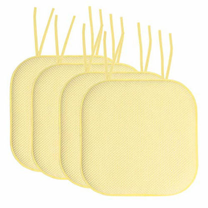 Picture of Sweet Home Collection Chair Cushion Memory Foam Pads with Ties Honeycomb Pattern Slip Non Skid Rubber Back Rounded Square 16" x 16" Seat Cover, 4 Count (Pack of 1), Yellow