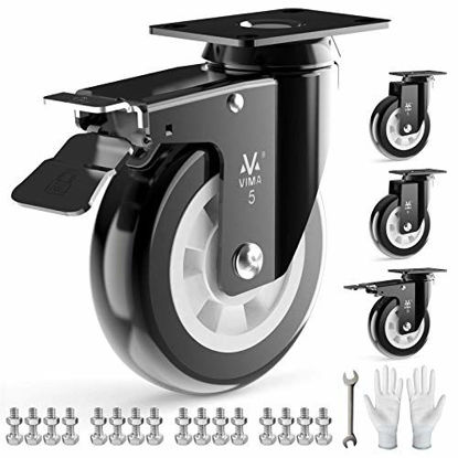 Picture of Heavy Duty Plate Caster Wheels 5" PU No Noise,Premium Polyurethane Double Ball Bearing Steels,Easily Lock or Unlock -440 Lbs Per Casters (Pack of 4, 2 Swivel Dual Locking & 2 Swivel) Black Wheel