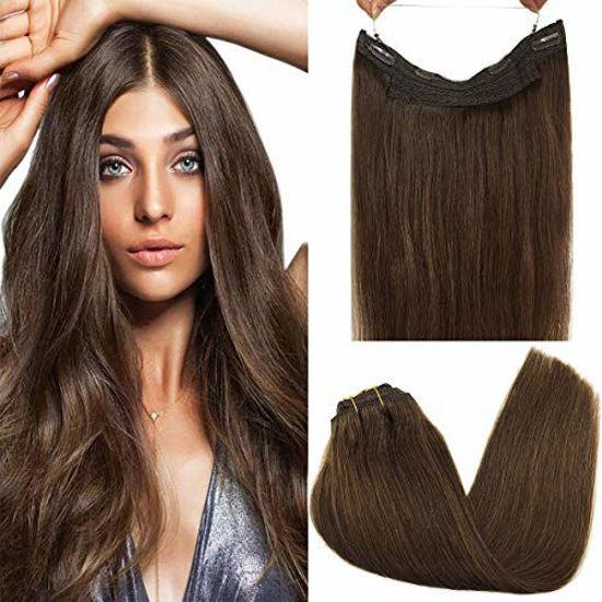 Picture of GOO GOO Halo Hair Extensions Human Hair Chocolate Brown Human Hair Extensions 12 Inch 70g Real Hair Extensions Straight Hidden Crown Wire Extensions Transparent Fish Line Invisible