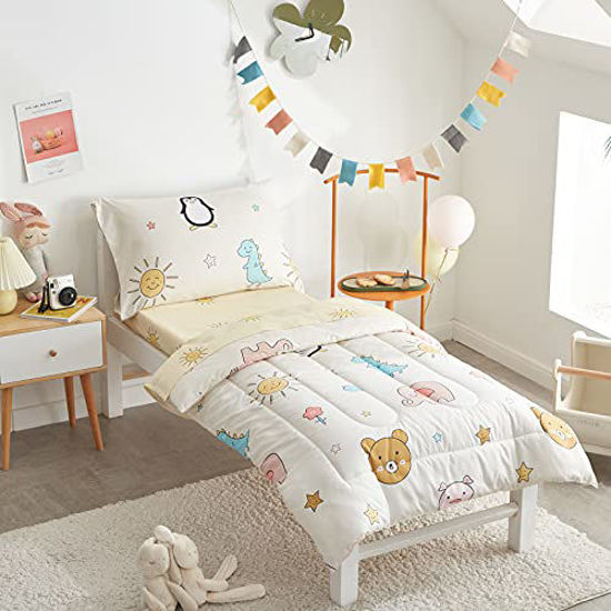 Picture of FlySheep 4 Piece Colorful Toddler Bedding Set with Happy Animals Printed for Baby Boys and Girls - Includes Quilted Comforter, Flat Sheet, Fitted Sheet & Pillow Case, Soft & Comfortable Microfiber