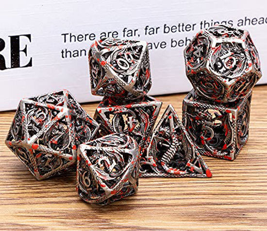 Picture of D&D Dice Set Dungeons and Dragons Dice, DND Dice Set Hollow Metal Polyhedral Dice for MTG Pathfinder Board Games RPG Role Playing D and D Dice with Gift Box, D20 D12 D10 D8 D6 D4 (Blood Spatter)