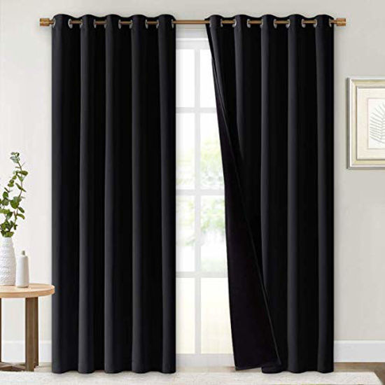 Picture of NICETOWN Heat Blocking 100% Blackout Curtains, Durable Black Lined Blackout Curtains for Bedroom, Energy Saving Long Curtains for Patio Sliding Glass Door, Black, 70 inches x 95 inches, 2 Panels