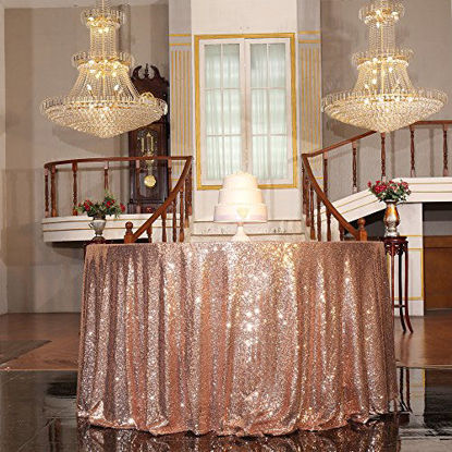 Picture of PartyDelight Rose Gold Sequin Tablecloth Round 108" Table Linen for Events, Exhibitions, Celebration