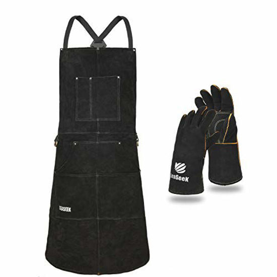 Picture of Leather Work Apron with Gloves - 6 Tool Pockets for Men& Women - Welding Apron - Ideal for Woodworking, Blacksmithing, Gardeners, Mechanics, BBQ - Adjustable M to XXXL