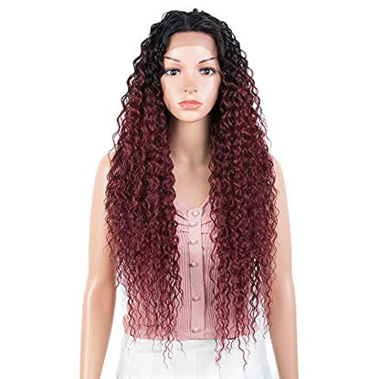 Picture of Joedir 28" Long Curly Lace Front with 1.5"x3" Lace Wig Heat Resistant Synthetic Wigs For Black Women 130% Density(Ombre Black to Wine Color)