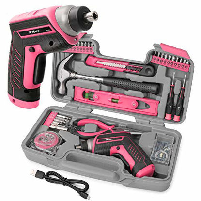 Picture of Hi Spec 35 Piece Pink Home DIY Tool Kit with USB Rechargeable 3.6V Electric Power Screwdriver. Easy Repair with Household Hand Tools & Picture Hanging Kit. All In a Portable Box