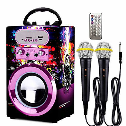 Picture of Kidsonor Kids Bluetooth Karaoke Machine with 2 Microphones, Wireless Rechargeable Remote Control Portable Karaoke Speaker Music MP3 Player Loudspeaker with Microphones for Kids (Purple)