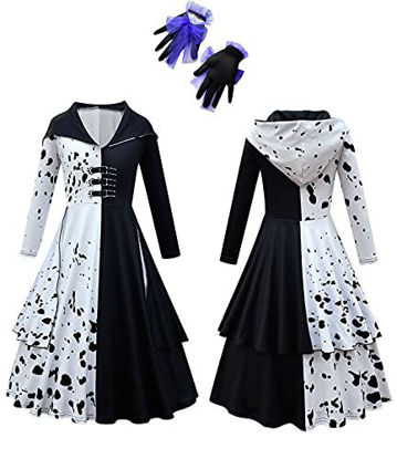 Picture of Halloween Costume for Girls New Movie Character Cosplay Outfits Spotty Dogs Printed Dress Gown Halloween Party Fashion Dress White and Black Role Play Dress Up Novelty Birthday Gift